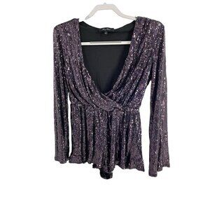 Honey Punch Purple Sequin Short Romper Size Small Holiday Party Long Sleeve